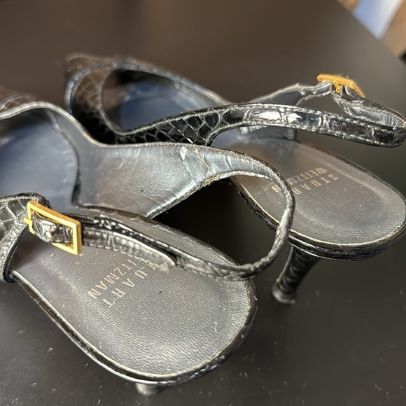 Stuart Weitzman snake skin‎ black patent leather peep toe heels pumps Size 8 - Picture 7 of 12